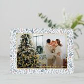 シックな季節のグリーティングオンホリーベリー金ゴールド 箔シーズンカード (立ち正面)