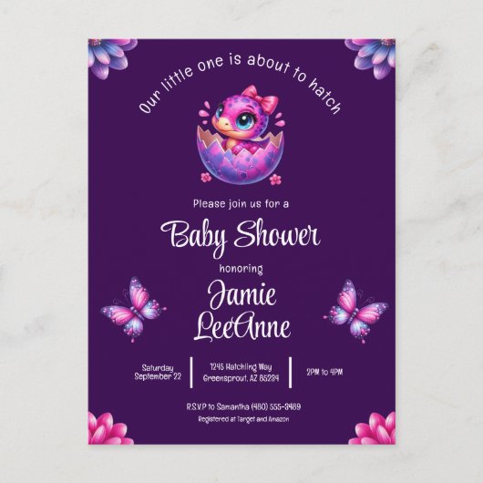 シックな孵化すぐ紫の恐竜の赤ちゃんシャワー ポストカード (正面)