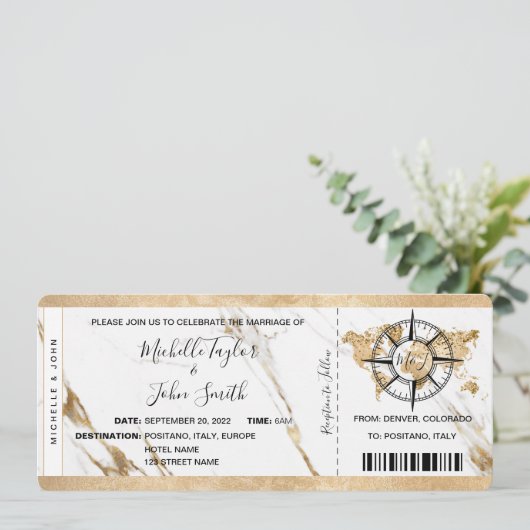 シックな宛先ウェディングボーディングパスチケット金ゴールド 招待状 (スタンド正面)