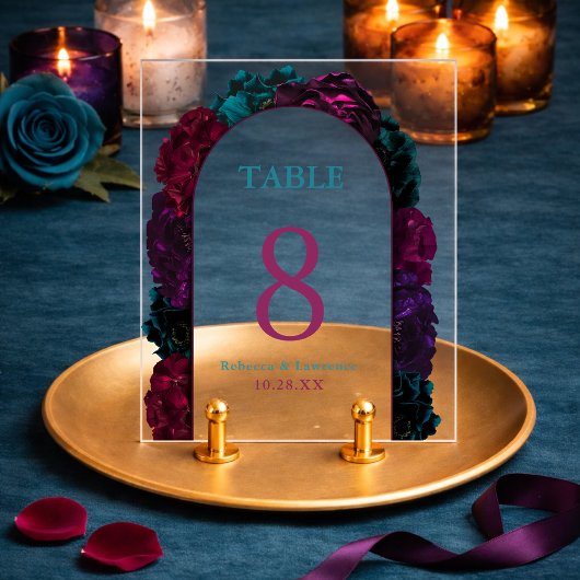 シックな宝石トーンの結婚花のテーブル番号 アクリルサイン