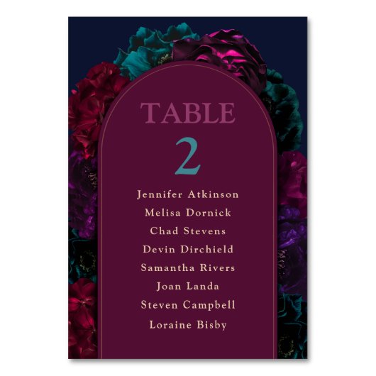 シックな宝石トーンの結婚花の数の席 テーブルナンバー (正面)