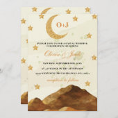 シックな山の月の水の色の金ゴールドエレガントな結婚式 招待状 (正面/裏面)