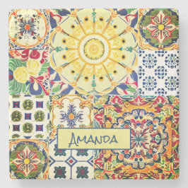 シックな幾何地中海のオレンジのタイルのモノグラム ストーンコースター