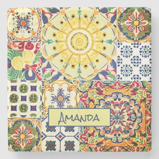 シックな幾何地中海のオレンジのタイルのモノグラム ストーンコースター (正面)