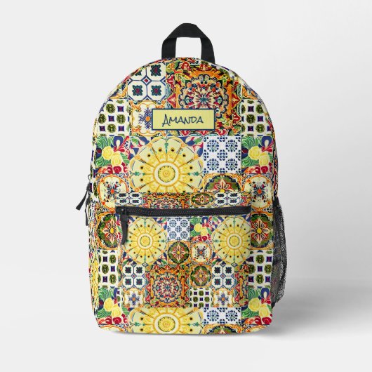 シックな幾何地中海のオレンジのタイルのモノグラム プリントバックパック (正面)