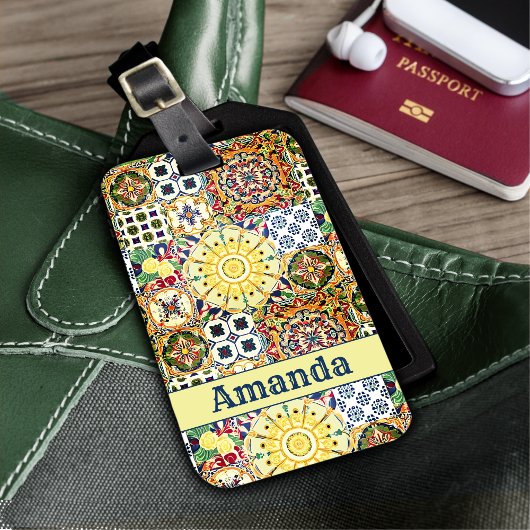 シックな幾何地中海のオレンジのタイルのモノグラム ラゲッジタグ