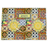 シックな幾何地中海のオレンジのタイルのモノグラム ラージペーパーバッグ (正面)