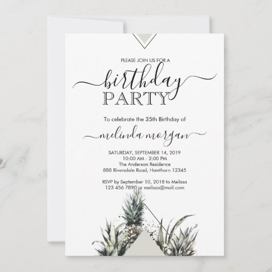 シックな幾何学的ピンアップル熱帯成人誕生日 招待状 (正面)