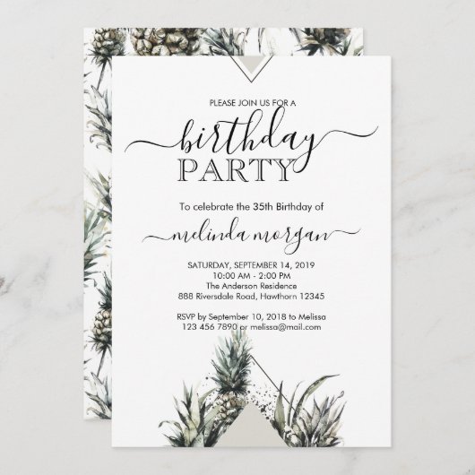 シックな幾何学的ピンアップル熱帯成人誕生日 招待状 (正面/裏面)