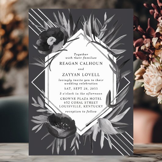シックな幾何学的フローラモノクロエレガントな結婚式 招待状
