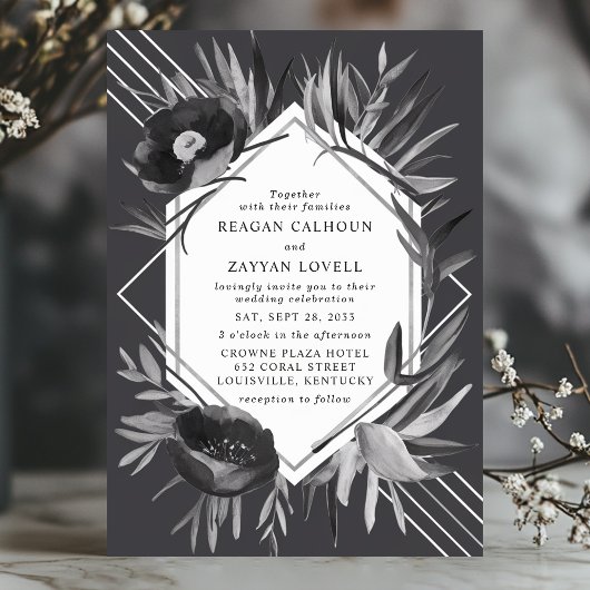 シックな幾何学的フローラモノクロエレガントな結婚式 招待状