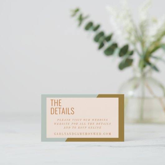 シックな幾何学的ブルーとオリーブ結婚のウェブサイト エンクロージャーカード (スタンド正面)