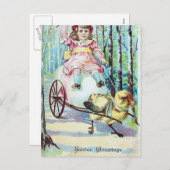 シックな引きカート付きカートに入ったかわいいイースターガール シーズンポストカード (正面/裏面)