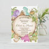 シックな恐竜の女の子の赤ちゃんシャワー緑のシェブロン 招待状 (スタンド正面)