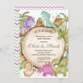 シックな恐竜の女の子の赤ちゃんシャワー緑のシェブロン 招待状 (正面/裏面)