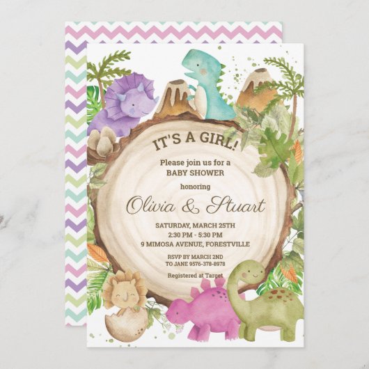 シックな恐竜の女の子の赤ちゃんシャワー緑のシェブロン 招待状 (正面/裏面)