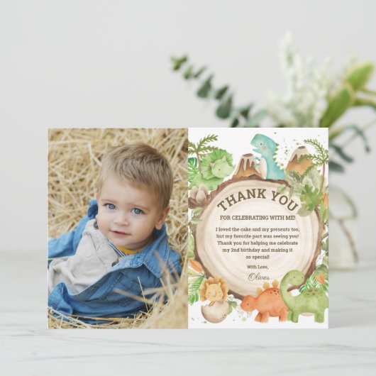 シックな恐竜の少年の誕生日緑のシェブロン写真 サンキューカード (スタンド正面)