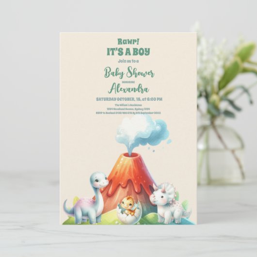 シックな恐竜の少年の赤ちゃんシャワー緑 招待状 (スタンド正面)