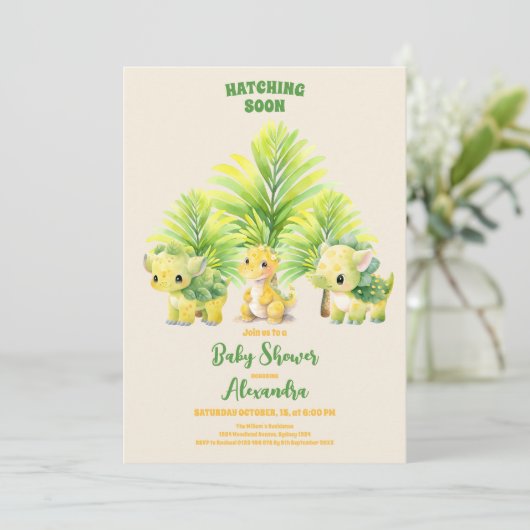 シックな恐竜の少年の赤ちゃんシャワー緑 招待状 (スタンド正面)