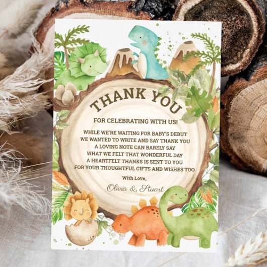 シックな恐竜の男の子の赤ちゃんシャワー緑のシェブロン サンキューカード
