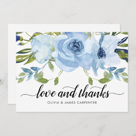 シックな愛と感謝してい埃の多い青いフローラ水色 サンキューカード (正面/裏面)