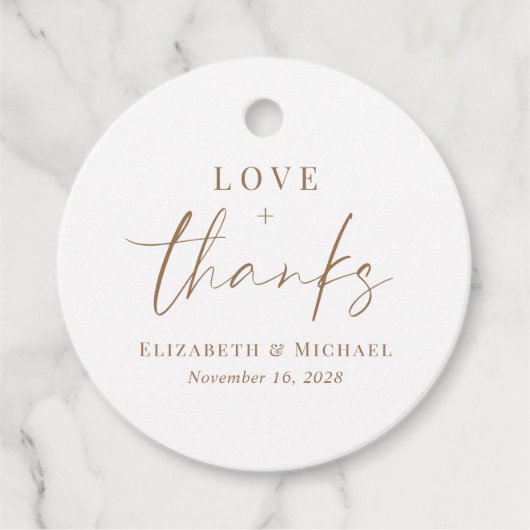シックな愛と感謝の金文字体裁の結婚式 フェイバータグ (正面)