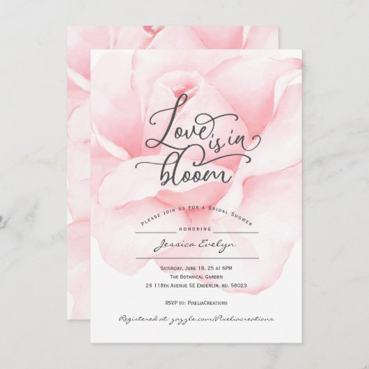 シックな愛の開花、書道のスクリプトバラシャワー 招待状 (正面/裏面)