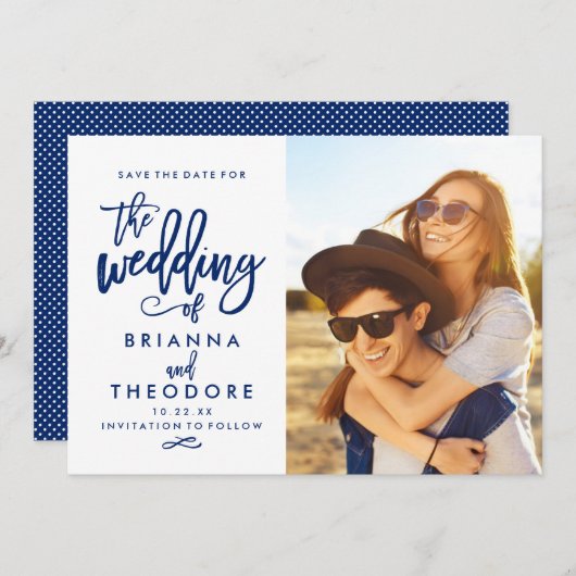 シックな手によって文字を入れられる保存日付の写真海軍 セーブザデート (正面/裏面)