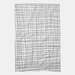 シックな手描きのストライプで黒く及び白い格子 キッチンタオル