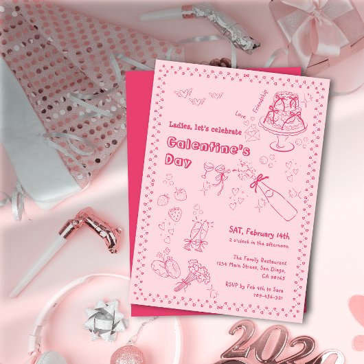 シックな手描きシャンパンガレンティーンズデイパーティー 招待状