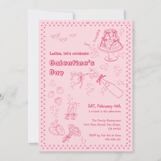 シックな手描きシャンパンガレンティーンズデイパーティー 招待状 (正面)