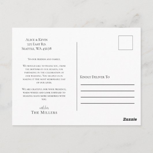 シックな手文字の写真結婚のサンキューカード ポストカード (裏面)