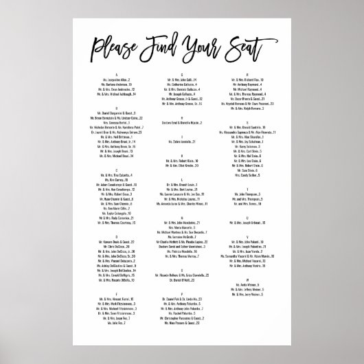 シックな手書きアルファベットの座席表 ポスター (正面)