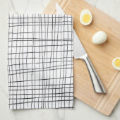 シックな手書きストライプのの白黒グリッド キッチンタオル (四つ折り)