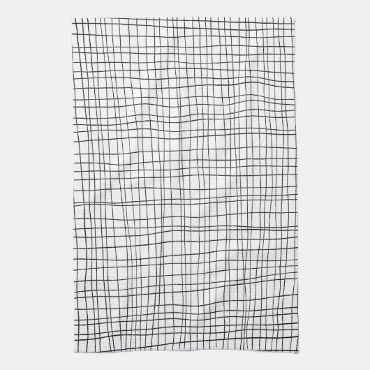 シックな手書きストライプのの白黒グリッド キッチンタオル (縦)