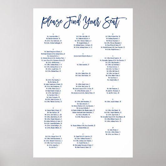 シックな手書きネイビーの座席表 ポスター (正面)