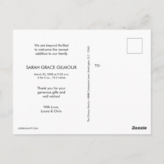 シックな手書きベビーガールフォト誕生ありがとう ポストカード (裏面)