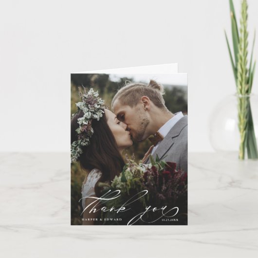 シックな手書き2枚の写真結婚のサンキューカード カード (正面)