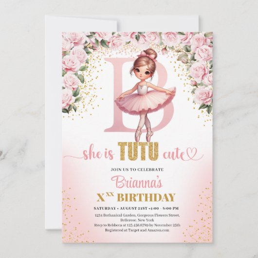 シックな手紙Bモノグラムバレリーナ女の子の誕生日 招待状 (正面)