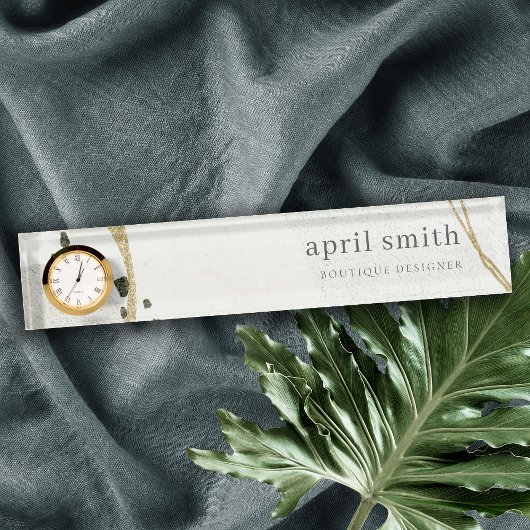 シックな抽象芸術アイボリー金ゴールドブラックグレーストーンテクスチャ デスクネームプレート