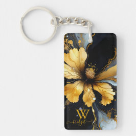 シックな抽象芸術ブラック金ゴールドフローラ キーホルダー