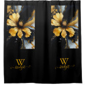 シックな抽象芸術ブラック金ゴールドフローラ シャワーカーテン (正面)