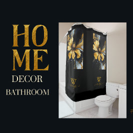 シックな抽象芸術ブラック金ゴールドフローラ シャワーカーテン