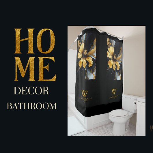 シックな抽象芸術ブラック金ゴールドフローラ シャワーカーテン