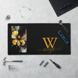 シックな抽象芸術ブラック金ゴールドフローラ デスクマット