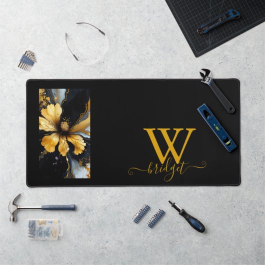 シックな抽象芸術ブラック金ゴールドフローラ デスクマット (ワークステーション)