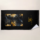 シックな抽象芸術ブラック金ゴールドフローラ ビーチタオル (正面)