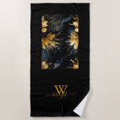 シックな抽象芸術ブラック金ゴールドフローラ ビーチタオル (正面)