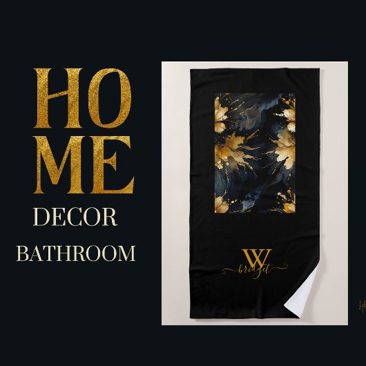 シックな抽象芸術ブラック金ゴールドフローラ ビーチタオル