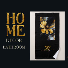 シックな抽象芸術ブラック金ゴールドフローラ ビーチタオル